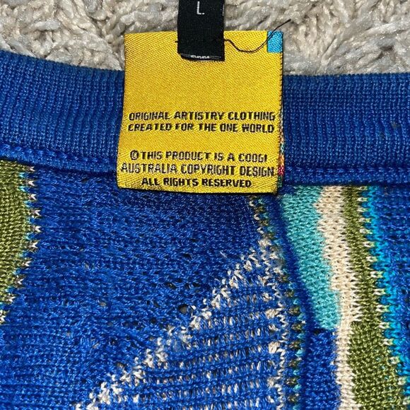 Coogi 3D Knit Cardigan Multicolor Blue Green Rare Pattern Australia Made Cotton - Picture 5 of 16